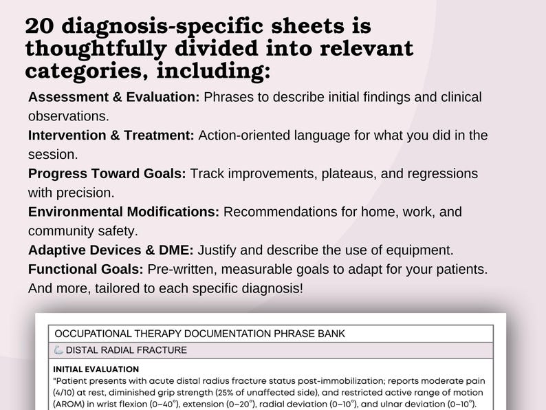 May include: A document with the text "20 diagnosis-specific sheets" and other text. The document is divided into categories including assessment, intervention, progress, environmental modifications, adaptive devices, and functional goals. The document also includes a section on occupational therapy documentation.