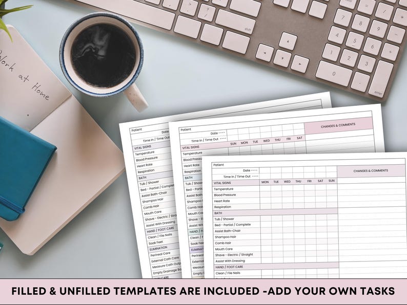 Puede incluir: Una escena de trabajo con plantillas de enfermer&iacute;a con detalles en rosa, una taza de caf&eacute;, un cuaderno y un teclado. Las plantillas incluyen secciones para signos vitales e informaci&oacute;n del paciente. El texto en la imagen dice "Work at Home" y "Filled & Unfilled Templates Are Included - Add Your Own Tasks."