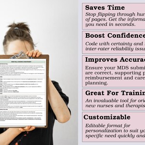 May include: A person holding a wooden clipboard with a printed document titled "MDS Fall Coding Cheat Sheet." The document includes text about fall definitions, coding, and planning for care. The image also features text boxes with benefits like "Saves Time" and "Boost Confidence."