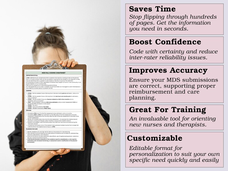 May include: A person holding a wooden clipboard with a printed document titled "MDS Fall Coding Cheat Sheet." The document includes text about fall definitions, coding, and planning for care. The image also features text boxes with benefits like "Saves Time" and "Boost Confidence."