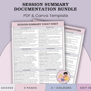 May include: A bundle of session summary documentation templates, including a cheat sheet, in PDF and Canva formats. The documents feature sections for client presentation, session focus, and documentation. The image includes the text "Instant Access", "2 Pages", "2+ Colours", and "Edit in Canva".