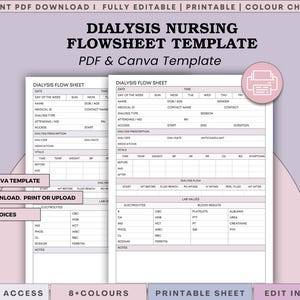 Pode incluir: Um modelo de folha de fluxo de enfermagem para diálise, documento branco com texto preto, incluindo campos para informações do paciente, prescrição, sinais vitais e valores laboratoriais, com logotipo do Canva e rótulos.