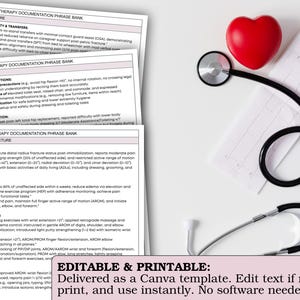 May include: A red heart and a stethoscope rest on a white surface next to occupational therapy documentation. The documents detail pelvic fracture, hip replacement, and distal radial fracture information.