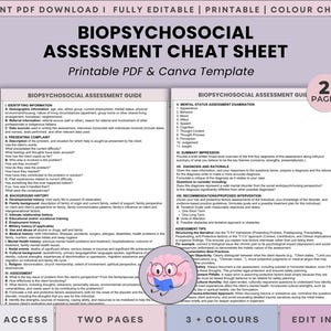 Pode incluir: Uma folha de dicas de avaliação biopsicossocial imprimível com um modelo Canva. O documento tem duas páginas e inclui seções para identificação, reclamações, histórico, avaliação, etc. Disponível em 3+ cores.