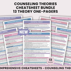 May include: A bundle of 13 educational one-page cheat sheets titled Counseling Theories Cheatsheet Bundle. Each page features a purple and blue header with black text detailing various therapy methods, including Person Centered and Reality Therapy.