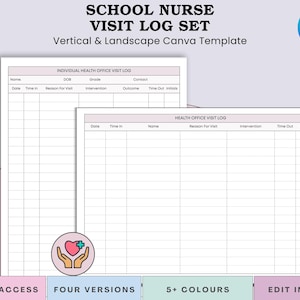 Può includere: Un modello Canva per il registro delle visite dell'infermiera scolastica. L'immagine mostra due modelli di registro delle visite all'ufficio sanitario, uno verticale e uno orizzontale. I modelli includono campi per data, ora, nome, motivo della visita, intervento e risultato. L'immagine include anche il logo Canva e il testo "Accesso immediato", "Quattro versioni", "5+ colori" e "Modifica in Canva".