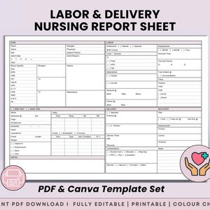 Peut inclure: Un modèle de fiche de rapport infirmier pour le travail et l'accouchement avec des sections pour la mère, le travail, le bébé, l'accouchement et la récupération. Le document comprend des champs pour les signes vitaux et les notes médicales.
