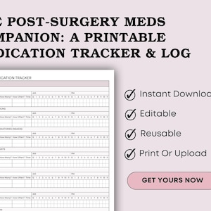 May include: A printable medication tracker and log titled "The Post-Surgery Meds Companion." The document includes sections for tracking various medications, with checkboxes for AM and PM doses. The design features a light purple background with the Canva logo.