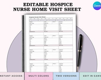 Hospice Nurse Visit Sheet - Home Health Patient Assessment & Vitals Chart (Printable PDF + Canva)