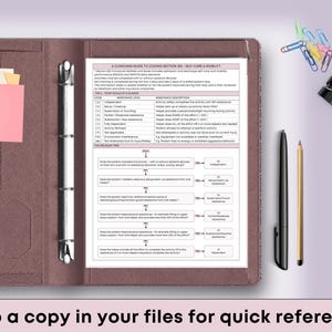 May include: A brown binder with a printed document titled "A Clinician's Guide to Coding Section GG - Self-Care & Mobility." The binder also holds sticky notes and is next to a pen, pencil, and paper clips. Text at the bottom reads "Keep a copy in your files for quick reference."