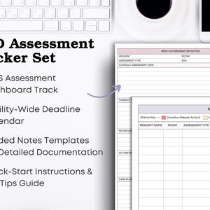 Peut inclure: Vue de dessus d'un bureau blanc avec clavier, tasse &agrave; caf&eacute; et t&eacute;l&eacute;phone. L'image pr&eacute;sente un "MSD Assessment Tracker Set" avec des formulaires d'&eacute;valuation, d'&eacute;ch&eacute;ances et de notes.