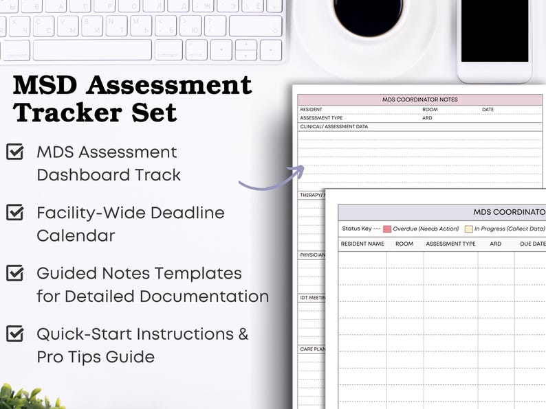 Peut inclure: Vue de dessus d'un bureau blanc avec clavier, tasse &agrave; caf&eacute; et t&eacute;l&eacute;phone. L'image pr&eacute;sente un "MSD Assessment Tracker Set" avec des formulaires d'&eacute;valuation, d'&eacute;ch&eacute;ances et de notes.