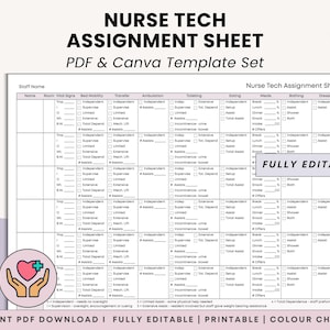 Nurse Tech Patient Care Assignment Sheet -  CNA & PCT 6 Patient Shift Report (PDF + Canva)