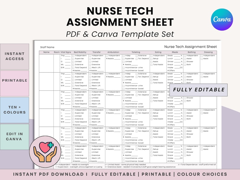 May include: A printable Nurse Tech Assignment Sheet template in PDF and Canva format. The sheet includes sections for vital signs, mobility, transfer, and meals. Features include instant access, ten+ colors, and editable options.
