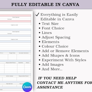 May include: A digital template with a light background and a detailed action plan layout. The text "FULLY EDITABLE IN CANVA" is at the top. Bullet points highlight editable features like text size, font choice, and elements.