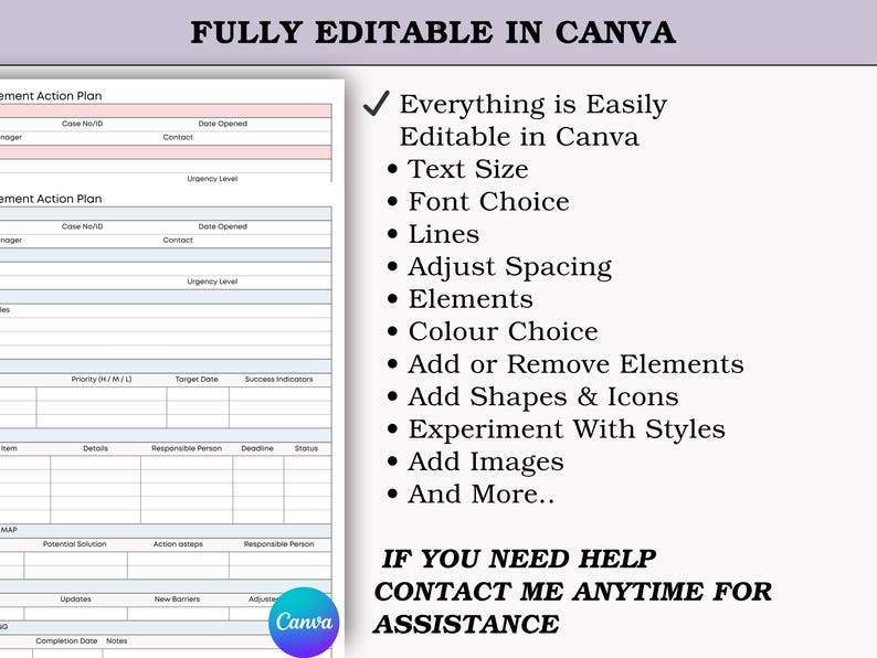 May include: A digital template with a light background and a detailed action plan layout. The text "FULLY EDITABLE IN CANVA" is at the top. Bullet points highlight editable features like text size, font choice, and elements.