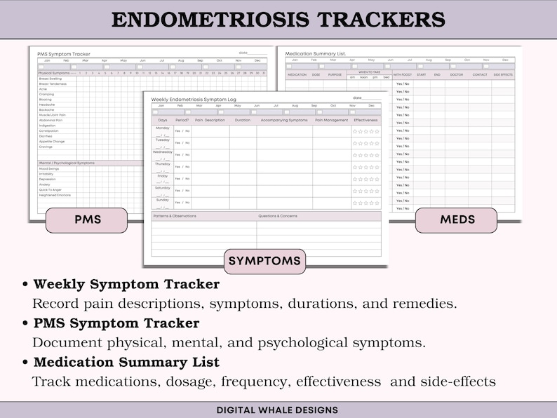 Puede incluir: Conjunto de rastreadores imprimibles para la endometriosis, titulado "ENDOMETRIOSIS TRACKERS". Incluye un rastreador de s&iacute;ntomas del s&iacute;ndrome premenstrual, un registro semanal de s&iacute;ntomas y una lista de resumen de medicamentos. Incluye descripciones.