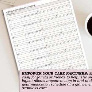 May include: A white Post-Surgery Medication Tracker with a pink border, and a cup of coffee. The tracker includes sections for medications, dosage, and time. Text on the bottom reads: Empower your care partners.