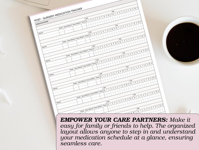 May include: A white Post-Surgery Medication Tracker with a pink border, and a cup of coffee. The tracker includes sections for medications, dosage, and time. Text on the bottom reads: Empower your care partners.