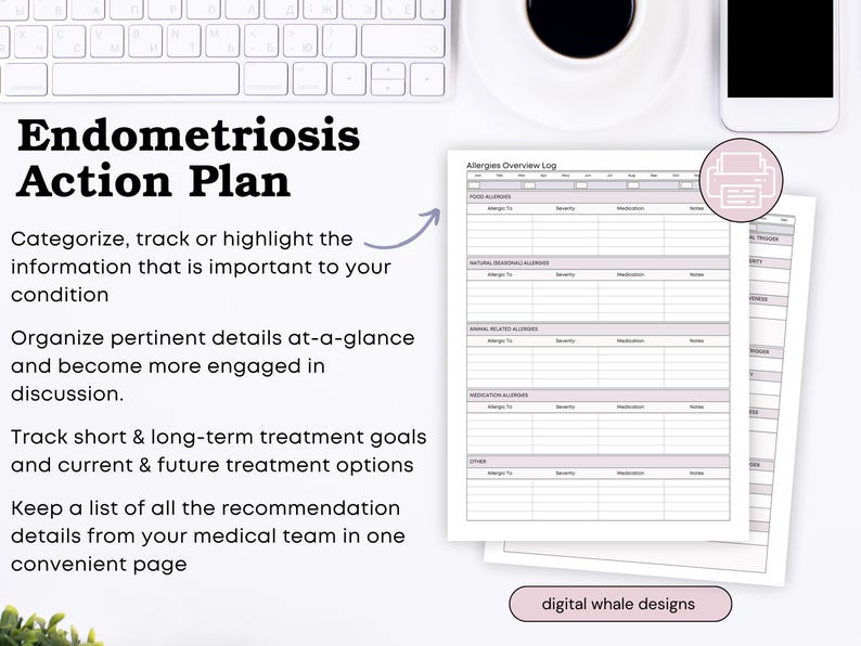 Puede incluir: Una configuraci&oacute;n de escritorio con teclado, taza de caf&eacute; y tel&eacute;fono. La imagen presenta hojas impresas con los t&iacute;tulos "Plan de Acci&oacute;n de Endometriosis" y "Registro de Resumen de Alergias". El texto es claro, con el logotipo "digital whale designs".