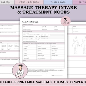 May include: A set of printable massage therapy templates with a client intake form, treatment notes, and a body chart. The templates are in shades of pink and white, with the text "Massage Therapy Intake & Treatment Notes". The design includes the Canva logo.