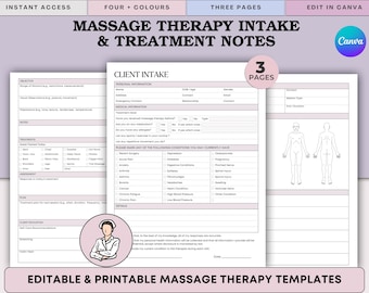 Massage Therapy SOAP Notes & Client Intake Forms - Medical History, Symptoms Body Diagram (PDF + Canva)