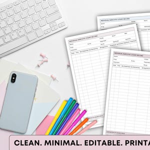 May include: A workspace scene featuring a white keyboard, smartphone, and colorful pens. Several printed "Individual Narcotic Count Record" sheets are visible. The text "CLEAN. MINIMAL. EDITABLE. PRINTABLE." is displayed at the bottom.