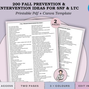 May include: A digital document titled "200 Fall Prevention & Intervention Ideas for SNF & LTC." The document is a printable PDF and Canva template. The image features two pages of lists with fall prevention and intervention strategies. The Canva logo is in the upper right corner.