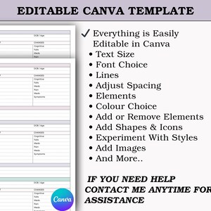 May include: An editable Canva template with a light background. The template includes several forms with fields for data entry. Text on the right highlights features like text size, font choice, and adding images. The Canva logo is visible.