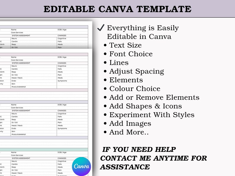 May include: An editable Canva template with a light background. The template includes several forms with fields for data entry. Text on the right highlights features like text size, font choice, and adding images. The Canva logo is visible.