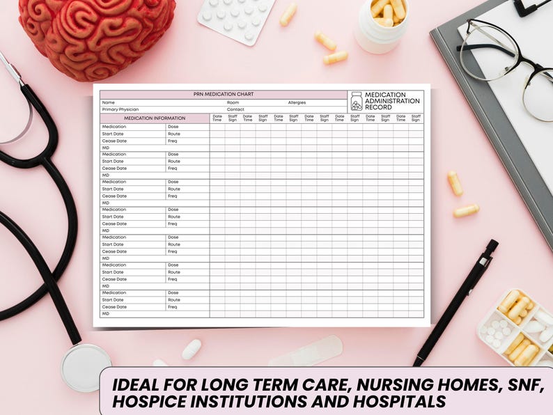 May include: A pink and white medication chart with the text "PEN MEDICATION CHART" and "MEDICATION ADMINISTRATION RECORD". A stethoscope, pills, and a brain model are also visible.