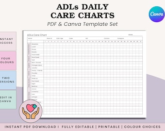 Op de afbeelding: Een afdrukbare ADLs Daily Care Chart templateset. De tabel bevat secties voor het registreren van dagelijkse activiteiten, met opties voor directe toegang, vier kleuren en twee versies. De Canva-templateset is volledig bewerkbaar.
