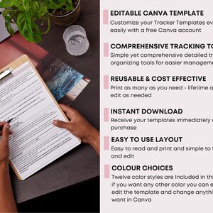 May include: A wooden clipboard holds a detailed document, with a pen poised above the text. The image includes text about editable Canva templates, comprehensive tracking tools, and reusable, cost-effective design. A laptop and plant are in the background.