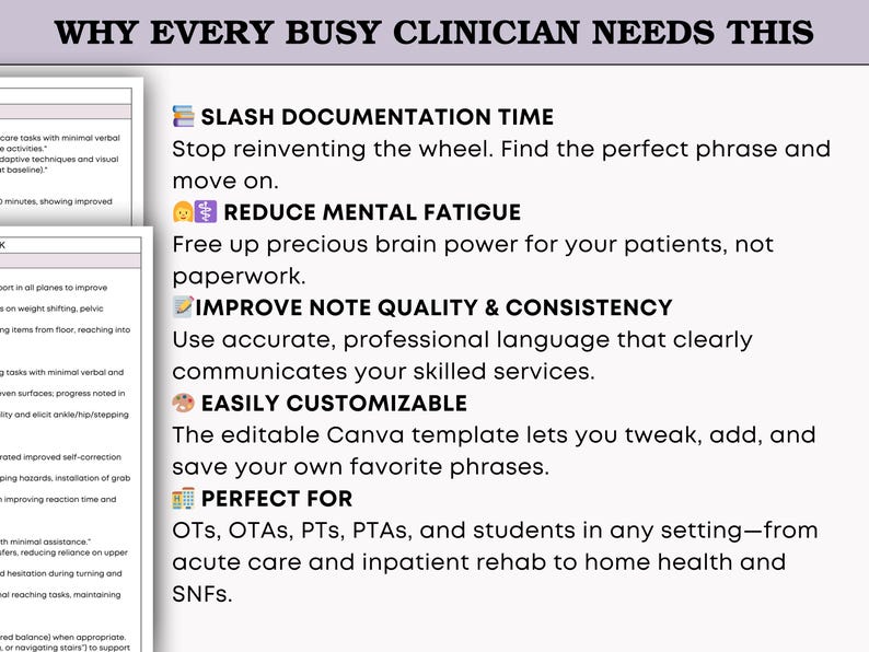 May include: A white document with the text "WHY EVERY BUSY CLINICIAN NEEDS THIS" at the top. The document lists benefits like reducing mental fatigue and improving note quality. It is perfect for OTs, OTAs, PTs, PTAs, and students.
