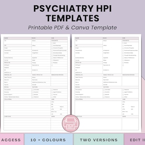 May include: A digital template titled "PSYCHIATRY HPI TEMPLATES" with the text "Printable PDF & Canva Template." The template includes two versions of a form with fields for medical history and patient information. The image also includes the Canva logo.