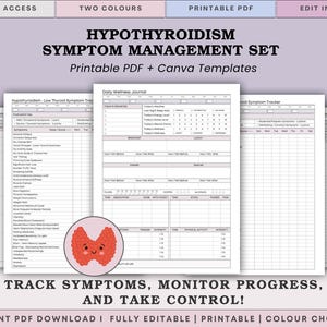 Puede incluir: Un conjunto de gestión de síntomas de hipotiroidismo con plantillas PDF imprimibles y de Canva. Los documentos incluyen un diario de bienestar diario y rastreadores de síntomas con columnas para registrar medicamentos, comidas y actividad física. Se incluye un icono de tiroides.