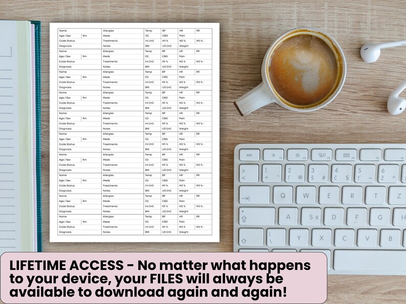 Peut inclure: Vue de dessus d'un espace de travail avec un clavier blanc, une tasse de caf&eacute; et un tableau m&eacute;dical. Le tableau est rempli de donn&eacute;es m&eacute;dicales. Le texte en bas dit : "LIFETIME ACCESS - No matter what happens to your device, your FILES will always be available to download again and again!"