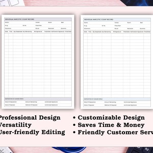 May include: Two white Individual Narcotic Count Record forms with a grid layout for tracking drug information. The forms are on a pink surface with text that reads: Professional Design, Versatility, User-friendly Editing, Customizable Design, Saves Time & Money, and Friendly Customer Service.