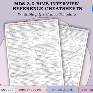 May include: A printable PDF and Canva template for MDS 3.0 BIMS interview reference sheets. The sheets include interview processes, scoring rules, and a compassionate approach. The image has the text "MDS 3.0 BIMS INTERVIEW REFERENCE CHEATSHEETS".