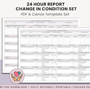 Op de afbeelding: Een digitale templateset voor een 24-uurs rapport over verandering van toestand, beschikbaar in PDF- en Canva-formaten. Het ontwerp bevat secties voor opnames, ontslagen en kamerwijzigingen. De afbeelding benadrukt ook opties voor directe toegang, afdrukken, kleurkeuzes en bewerken.