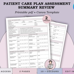 Puede incluir: Plantilla imprimible de resumen de evaluación del plan de atención al paciente. El documento incluye secciones para información del paciente, clave de evaluación, estado funcional y actividades de la vida diaria. Disponible en más de 10 colores y editable en Canva.