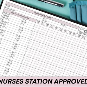 May include: A medication administration record chart with sections for medication information, PRN medication chart, and allergies. The chart includes spaces for dose, route, and frequency. The text "NURSES STATION APPROVED" is at the bottom.