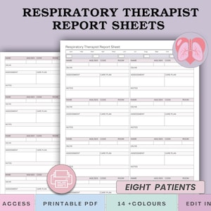 Könnte beinhalten: Digitaldruck mit dem Titel "Respiratory Therapist Report Sheets" mit hellviolettem Hintergrund. Das Design umfasst Berichtsbögen mit Feldern für Patienteninformationen und eine rosa Abbildung der Lunge. Der Text enthält "Eight Patients" und "Printable PDF."