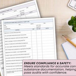 May include: Two white Controlled Substance Monthly Audit Log forms are on a wooden desk, with a keyboard, plant, pencil, and notepad. The forms have columns for criteria, and notes. A pink rectangle at the bottom reads "ENSURE COMPLIANCE & SAFETY:"