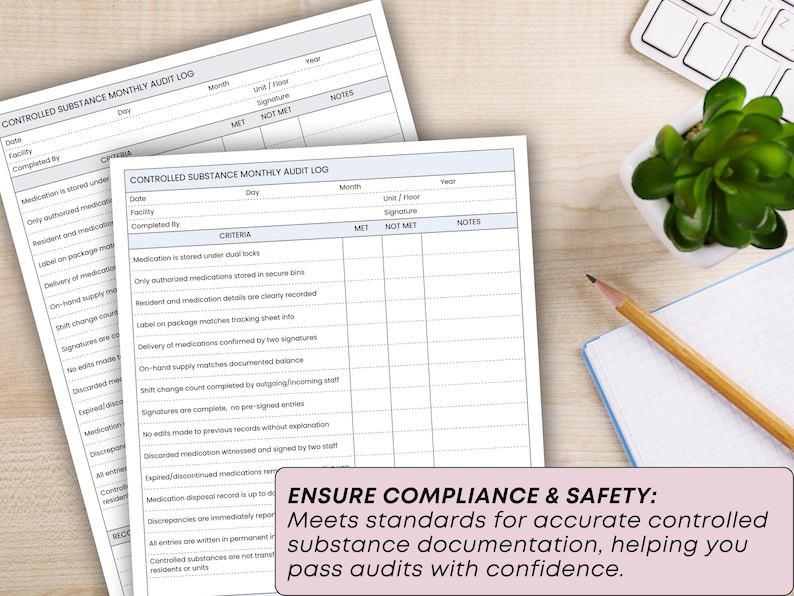 May include: Two white Controlled Substance Monthly Audit Log forms are on a wooden desk, with a keyboard, plant, pencil, and notepad. The forms have columns for criteria, and notes. A pink rectangle at the bottom reads "ENSURE COMPLIANCE & SAFETY:"