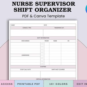 Puede incluir: Una plantilla PDF y Canva imprimible titulada "NURSE SUPERVISOR SHIFT ORGANIZER". El documento incluye secciones para información de turno, personal e información crítica. El diseño presenta un fondo blanco con acentos rosas y morados, y el logotipo de Canva.