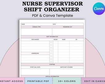 Hoja de informe de supervisor de enfermería para atención a largo plazo, organizador de turnos de enfermería especializada (PDF y Canva)