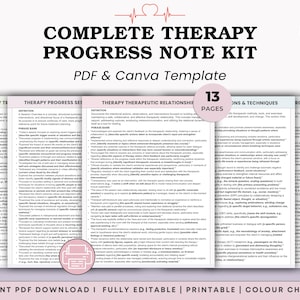 Puede incluir: Un kit completo de notas de progreso de terapia, disponible como PDF y plantilla de Canva. El diseño presenta un fondo blanco con texto en negro, verde y rosa. El kit incluye 13 páginas de notas y técnicas de terapia.