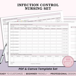 以下が含まれることがあります： 「INFECTION CONTROL NURSING SET」のテキストが入った、白とグレーの感染管理看護セットテンプレート。患者監視と隔離予防監査のセクションが含まれています。「INSTANT ACCESS」、「THREE COLOURS」、「3 PAGES」、「EDIT IN CANVA」のテキストが含まれています。