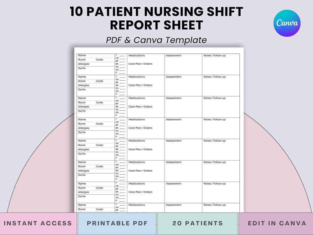 Long Term Care Nursing Report Sheet for 10 Patients, Printable Shift Handoff Tool for Ltc, Snf ...